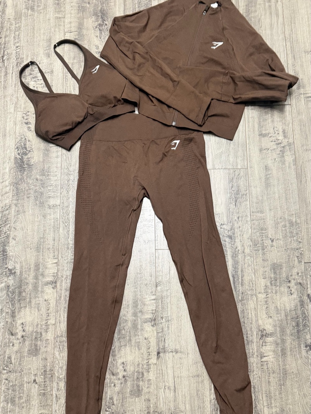 Gymshark Women’s Brown Seamless 3-Piece Active Set - Bra, Leggings & Zip Jacket